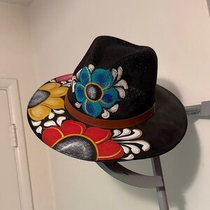Floral Hand Painted Black Fedora Hat